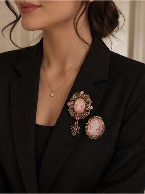 Vintage Pink Cameo Brooch Set - Elegant Women Jewelry